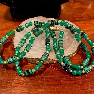 Malachite and Jade Necklace with Gold Tone Findings